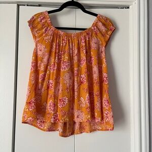 Old Navy Floral Peasant Top Flowy Blouse Boho Chic Orange Pink L